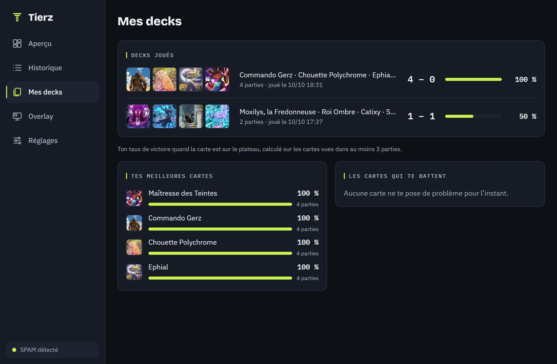 L’écran « Mes decks » du tracker : deux decks avec leur bilan et leur taux de victoire, puis les meilleures cartes du joueur.