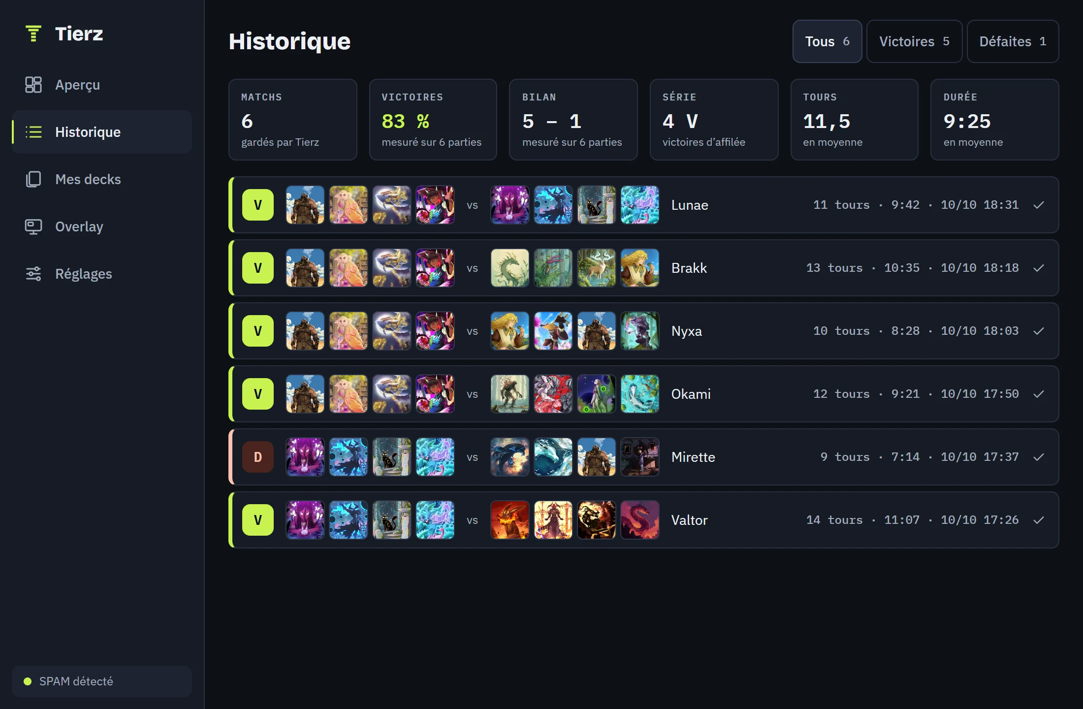 L’historique du tracker : six matchs, avec pour chacun le résultat, les deux decks, l’adversaire, le nombre de tours, la durée et la date.