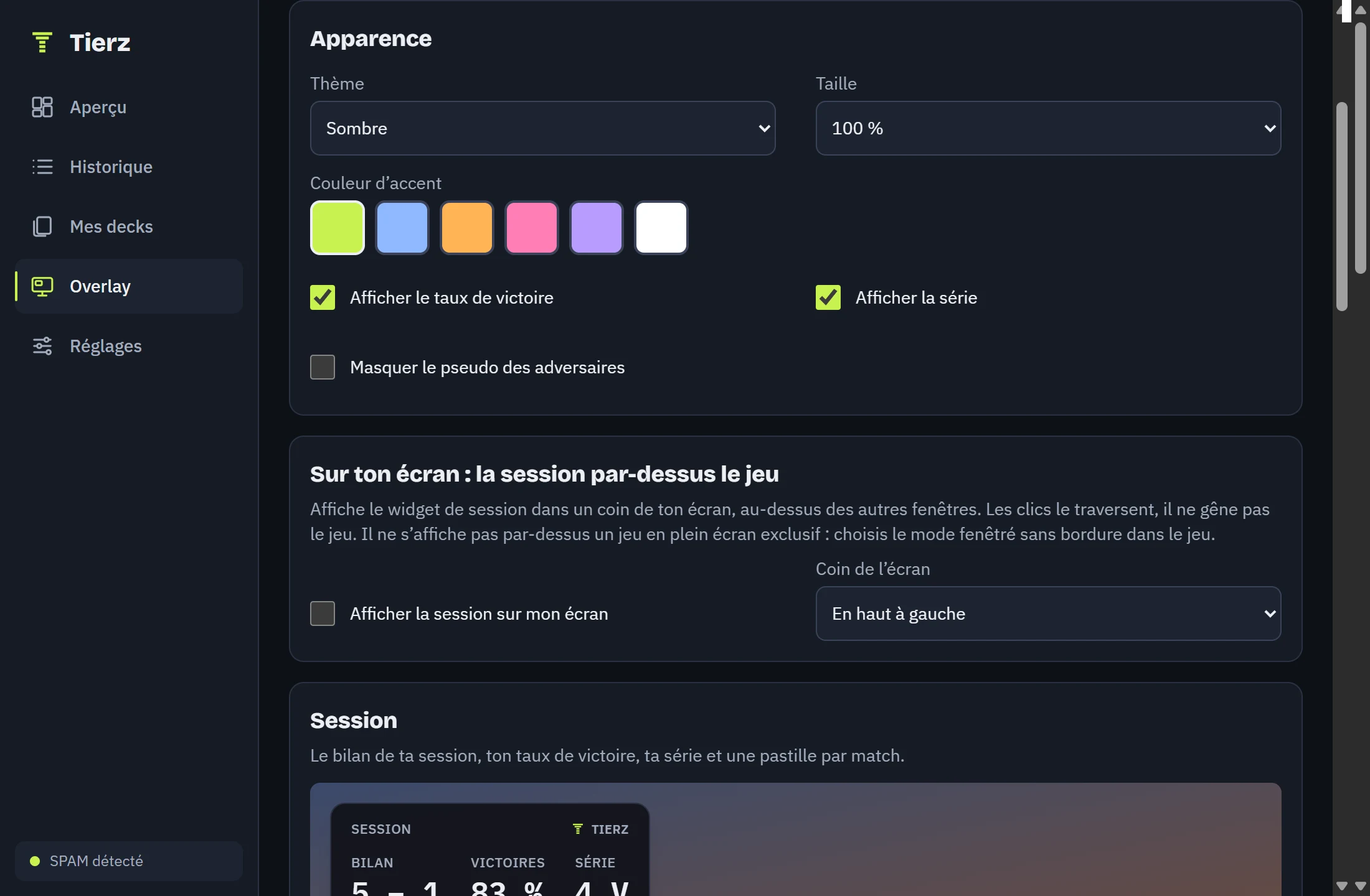 Les réglages des widgets dans le tracker : thème, taille, couleur d’accent, et l’affichage de la session par-dessus le jeu.